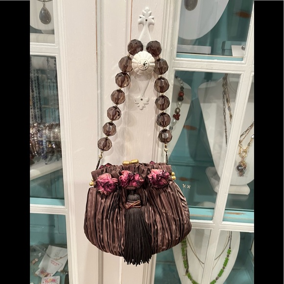 Small Brown Handbag W/Ribbon Roses, Chunky Topaz Crystal Handle, Large Tassel - Picture 1 of 8